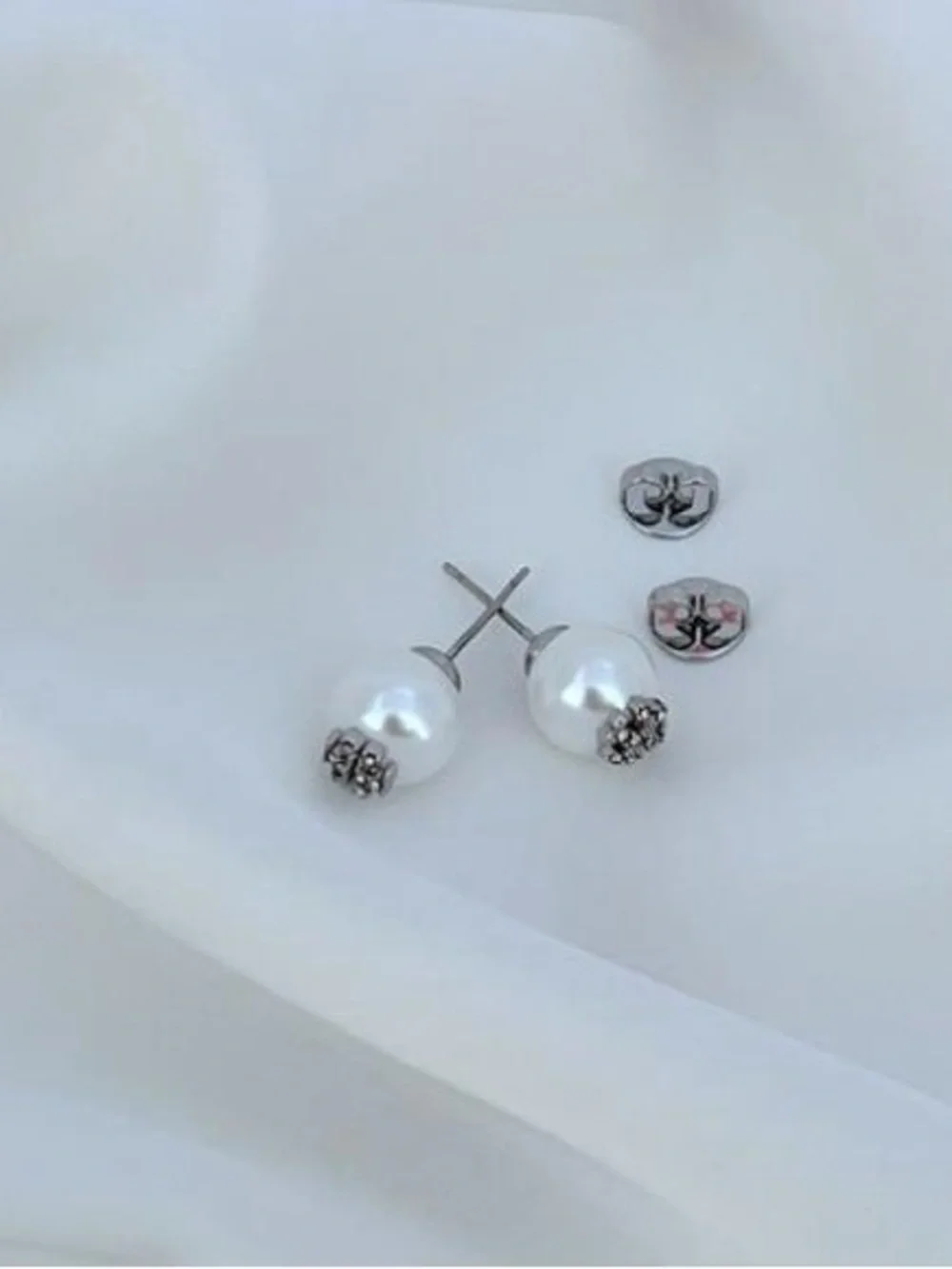 Tory Burch White Pearl Stud Earrings with Silver Crystal Caps